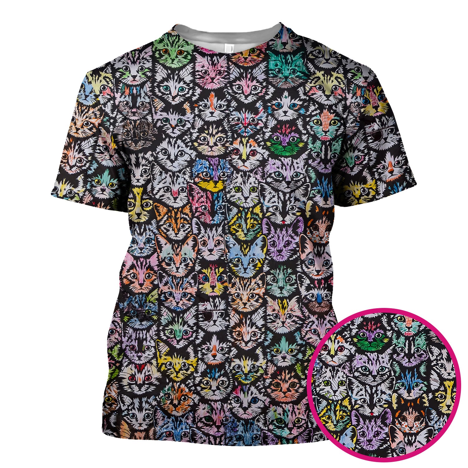 Colorful Cat Faces Pattern Scrub Top, Artistic Kitty Portrait Print, Breathable Fabrics Nursing Uniform