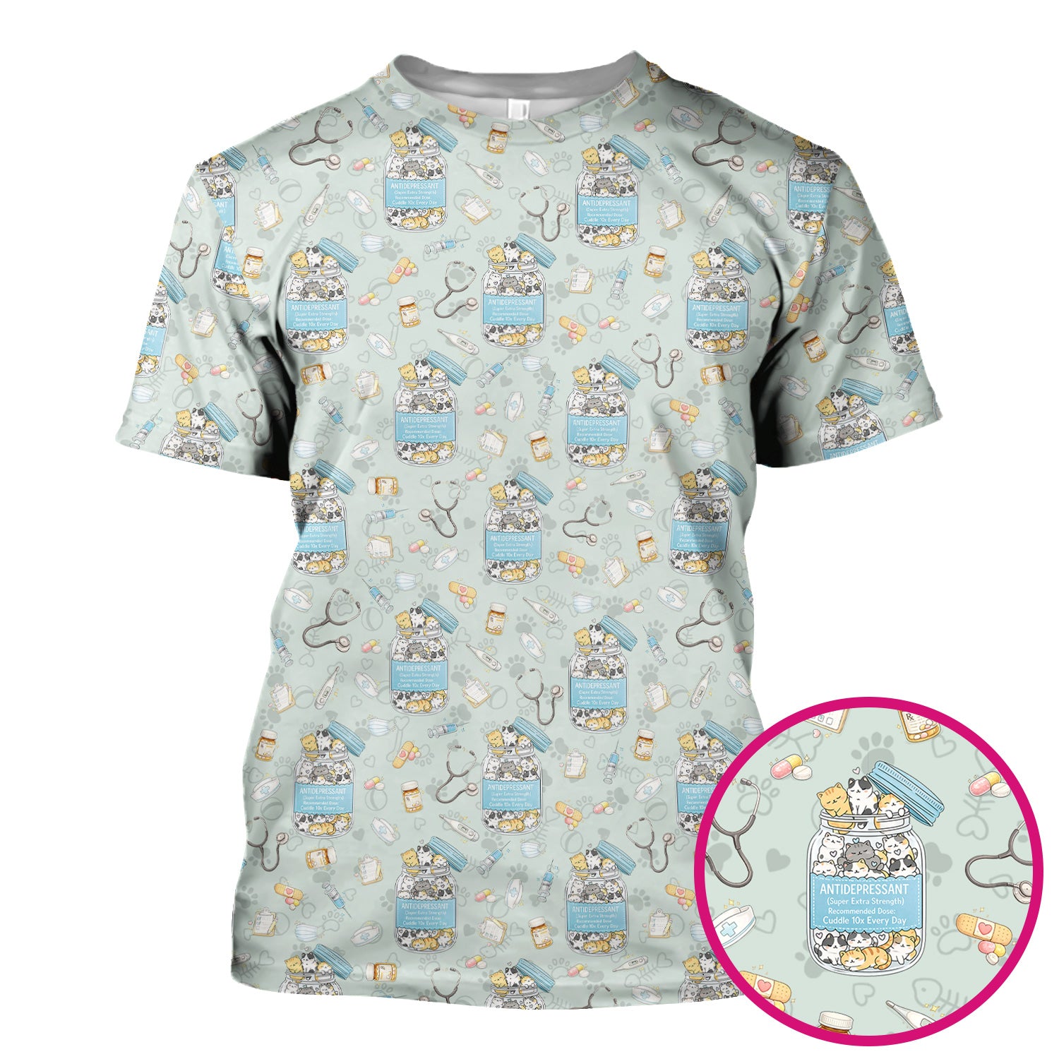 Cute Antidepressant Cat Jar Print Nurse Scrub Top, Breathable Fabrics Nursing Uniform