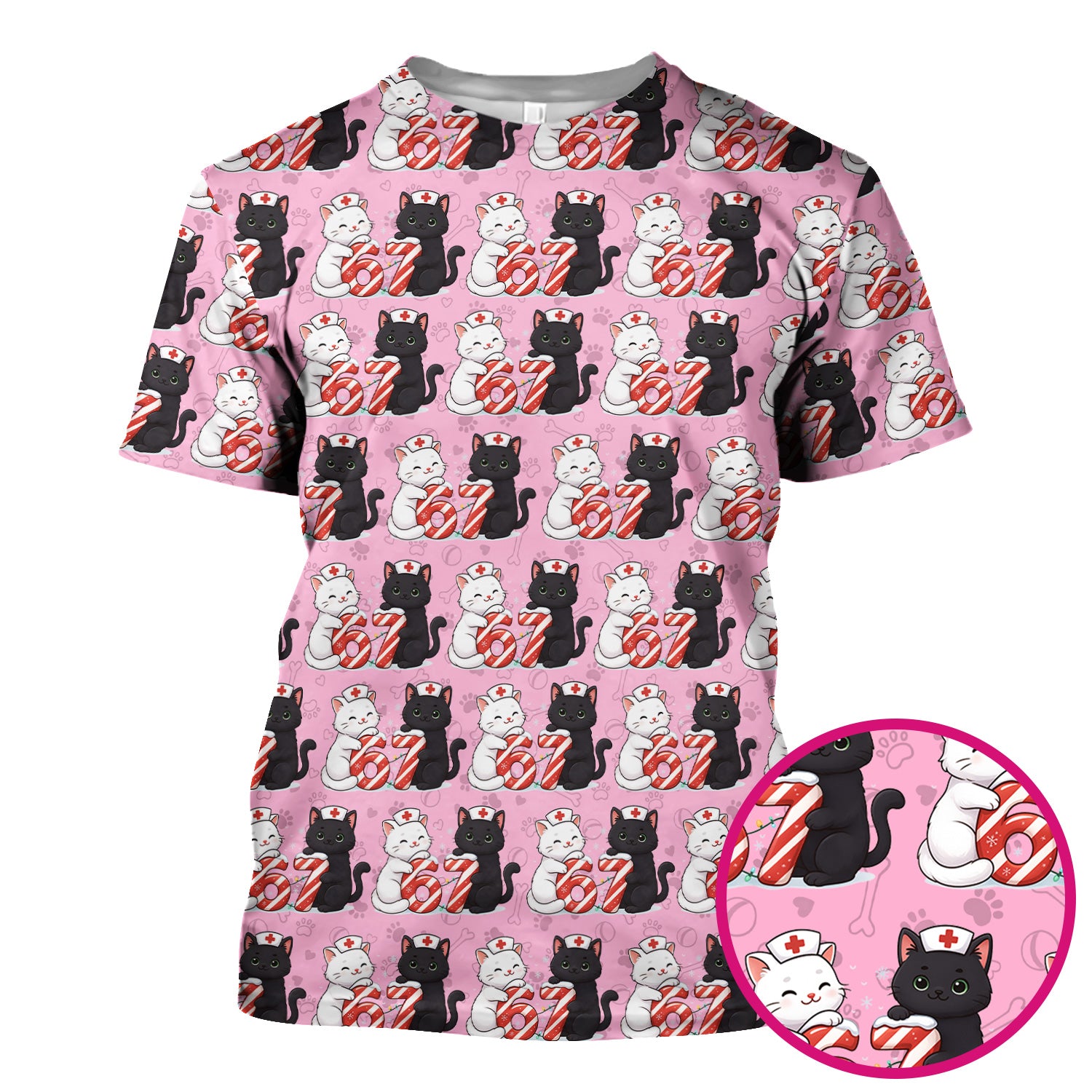 Xmas Cat Pattern Scrub Top, Christmas Nurse Six Seven With Cat Scrub Shirt, Breathable Fabrics Nursing Uniform