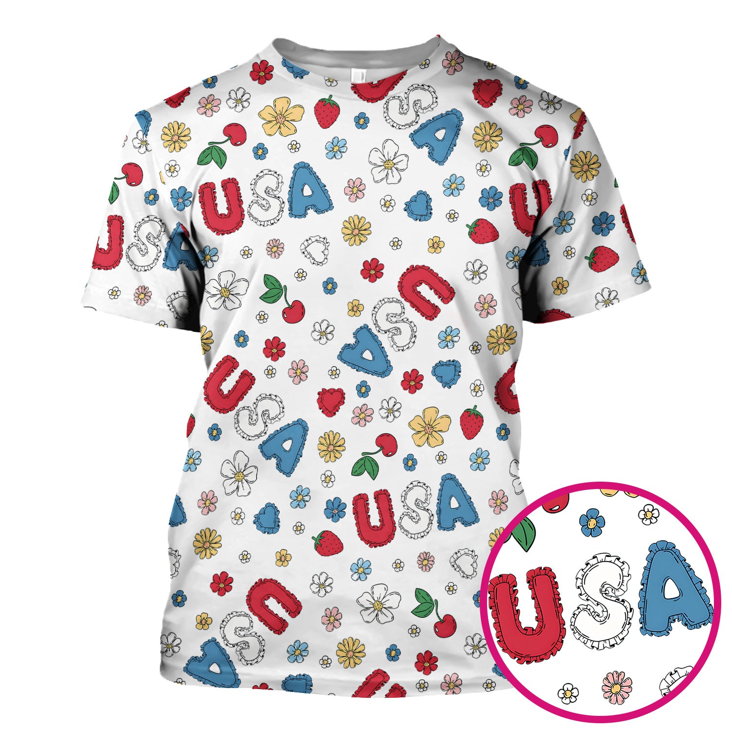 USA Cherry Strawberry Floral Patch Pattern Scrub Top, Comfortable Scrubs for Nurses