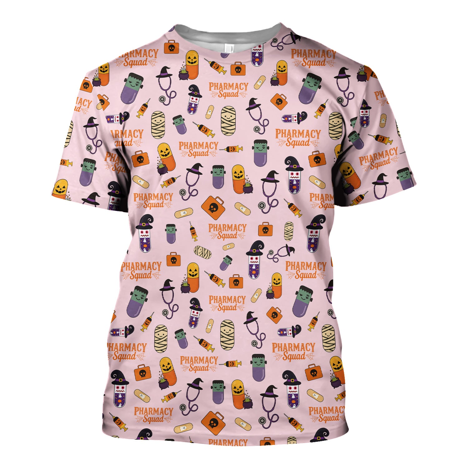 Halloween Pharmacy Squad Scrub Top - Funny Medical Pattern Scrubs for Women - Cute Halloween Pill and Witch Print Shirt for Pharmacists