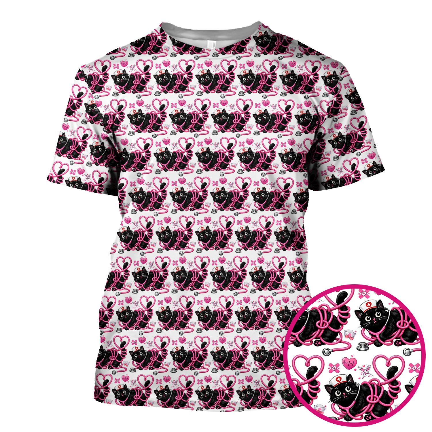 Valentine Cute Cat Nurse Heart Print Scrub Top, Comfortable Scrubs for Nurses