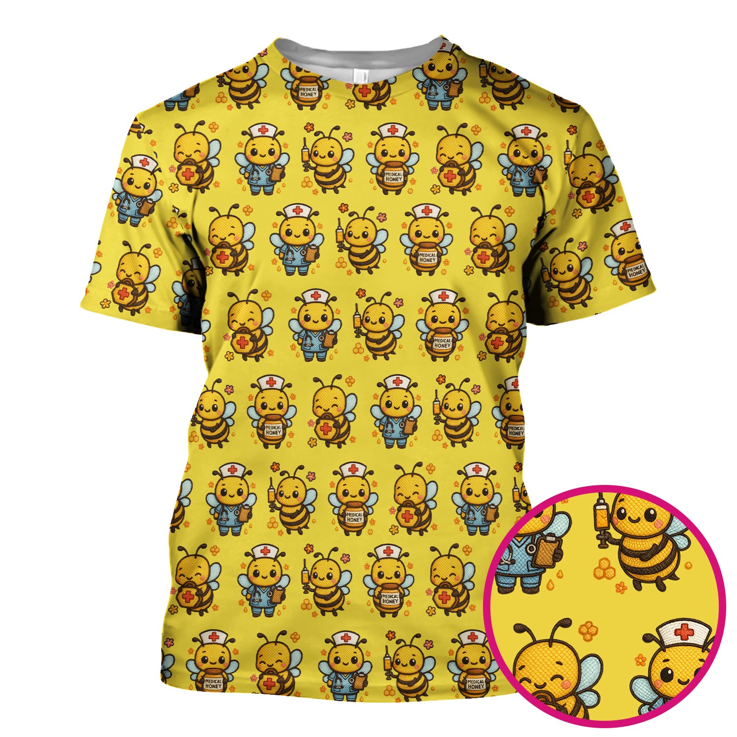 Cute Nurse Bee Scrub Top, Kawaii Medical Honey Bee Pattern Shirt for Nursing Professionals