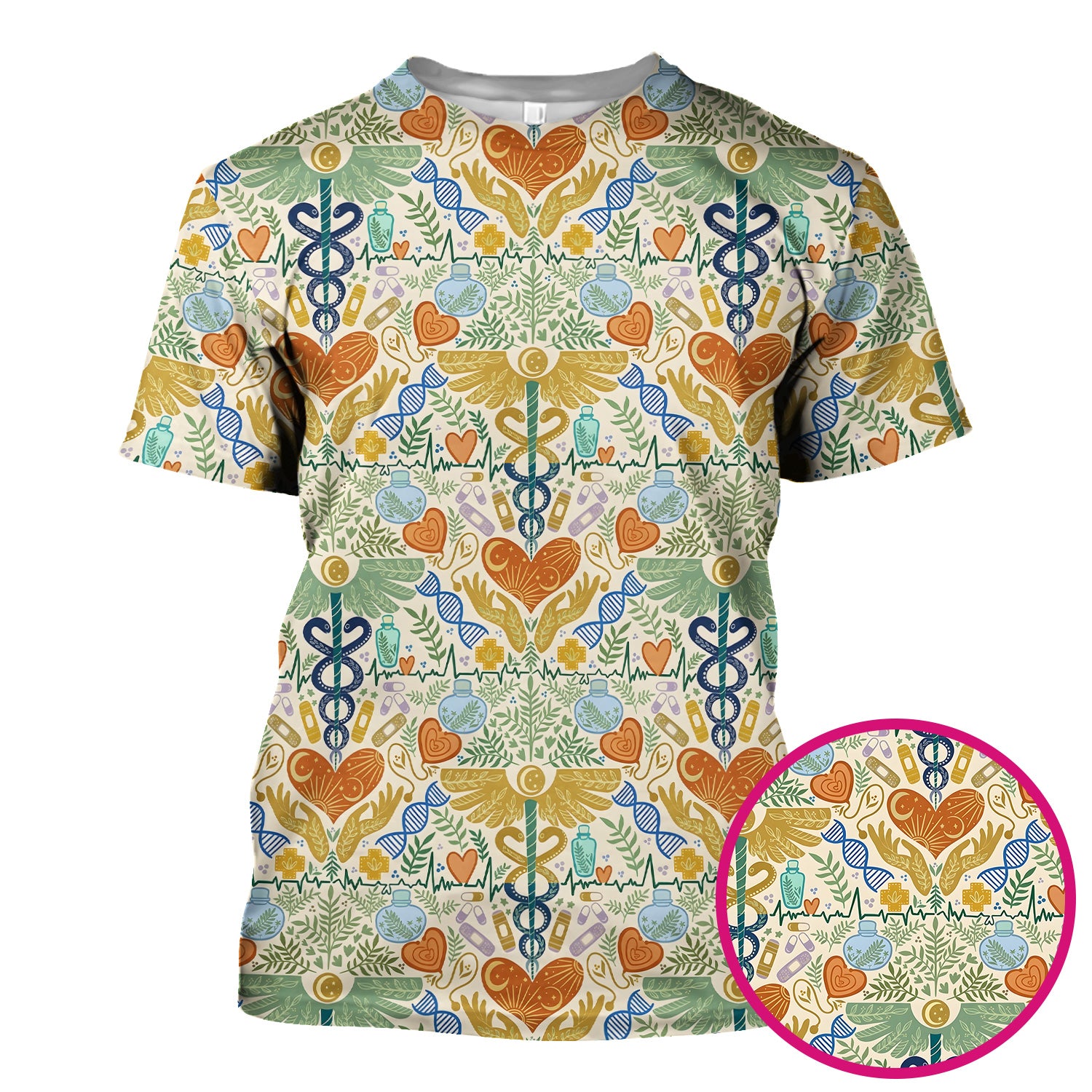 Inspirational Botanical Medical Caduceus Heart Nurse Pattern Scrub Top, Breathable Fabrics Nursing Uniform