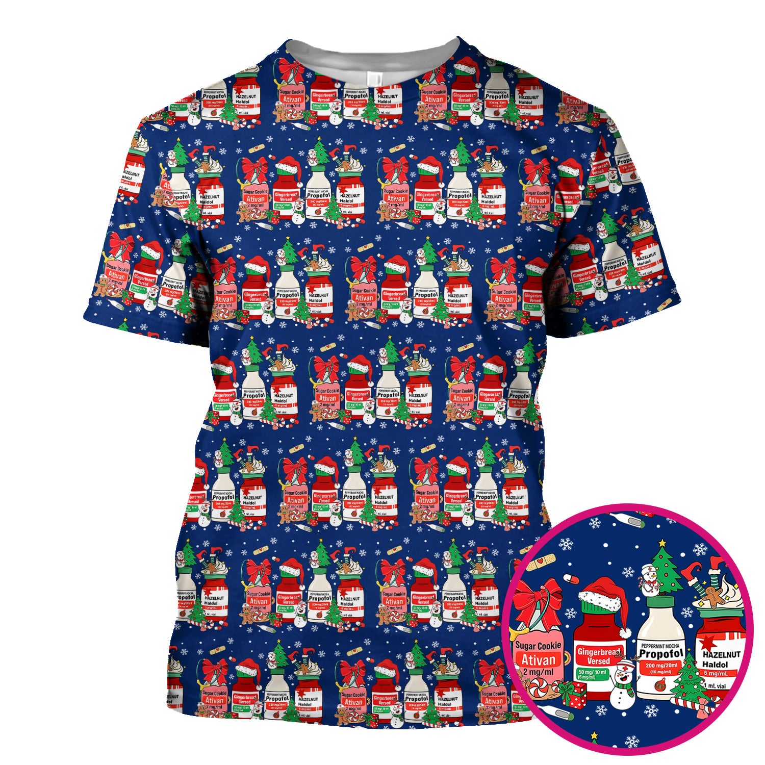Funny Christmas Medication Scrub Top – Festive Holiday Pharma Bottles Pattern – Playful Medical Uniform for Nurses, Pharmacists & Healthcare Workers