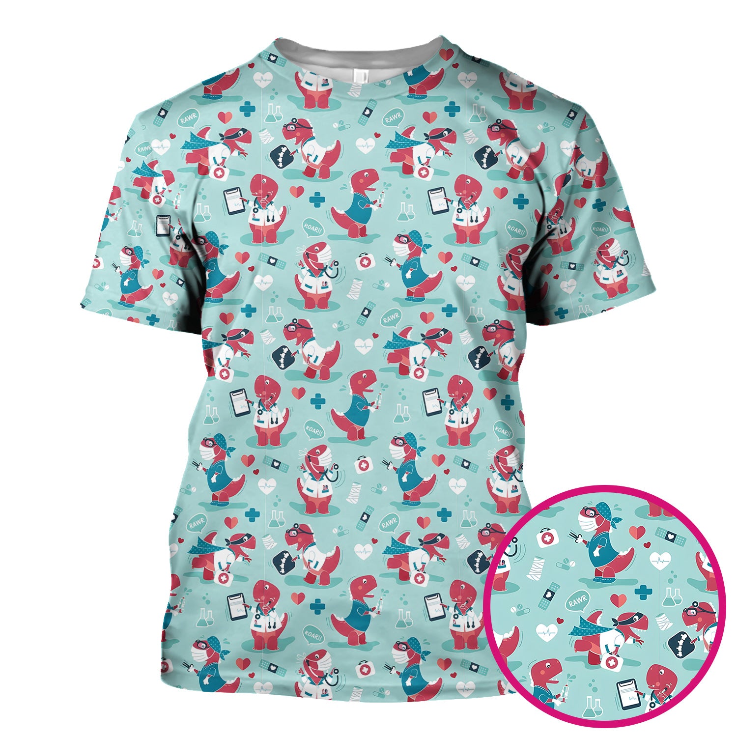 Cute Dinosaur Doctor Medical Pattern Scrub Top, Breathable Fabrics Nursing Uniform