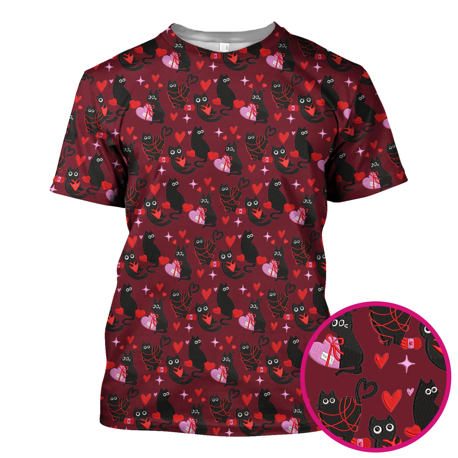 Valentine’s Day Scrub Top, Cute Black Cat With Heart Pattern Nurse Shirt, Breathable Fabrics Nursing Uniform