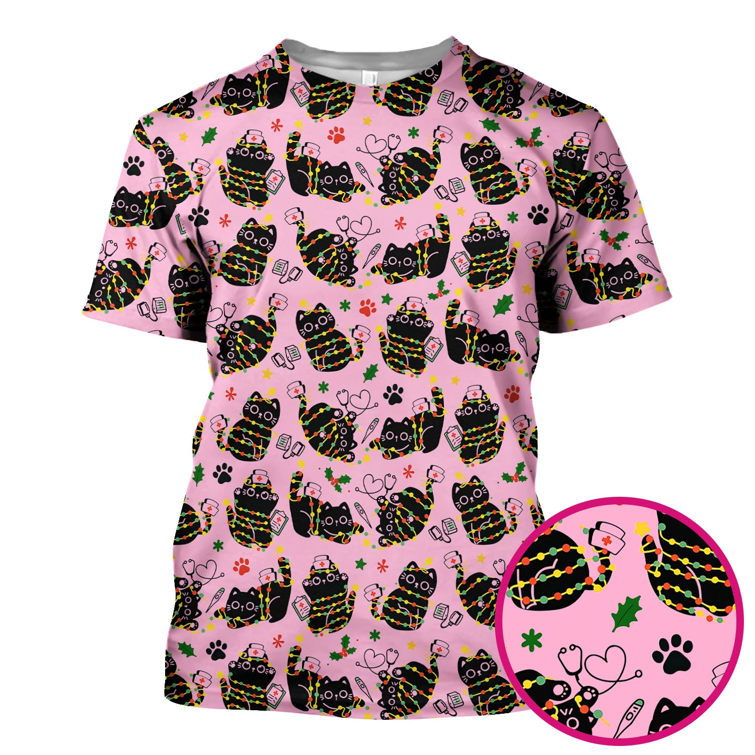 Black Cat Christmas Scrub Top – Nurse & Holiday Lights Pattern Shirt – Cute Medical Uniform For Nursing