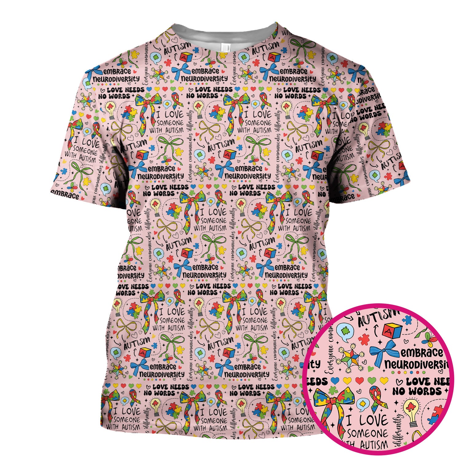 Autism Awareness Puzzle Ribbon Pattern Scrub Top, Breathable Fabrics Nursing Uniform