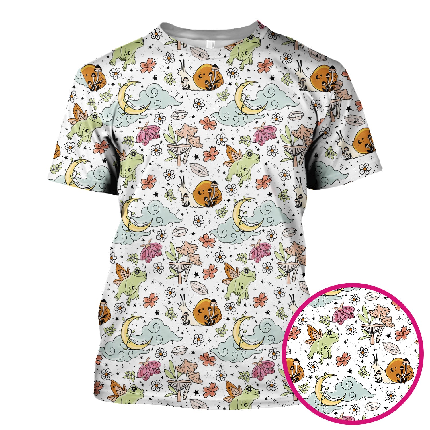 Whimsical Frog Moon Mushroom Pattern Scrub Top, Fantasy Nature Print, Breathable Fabrics Nursing Uniform