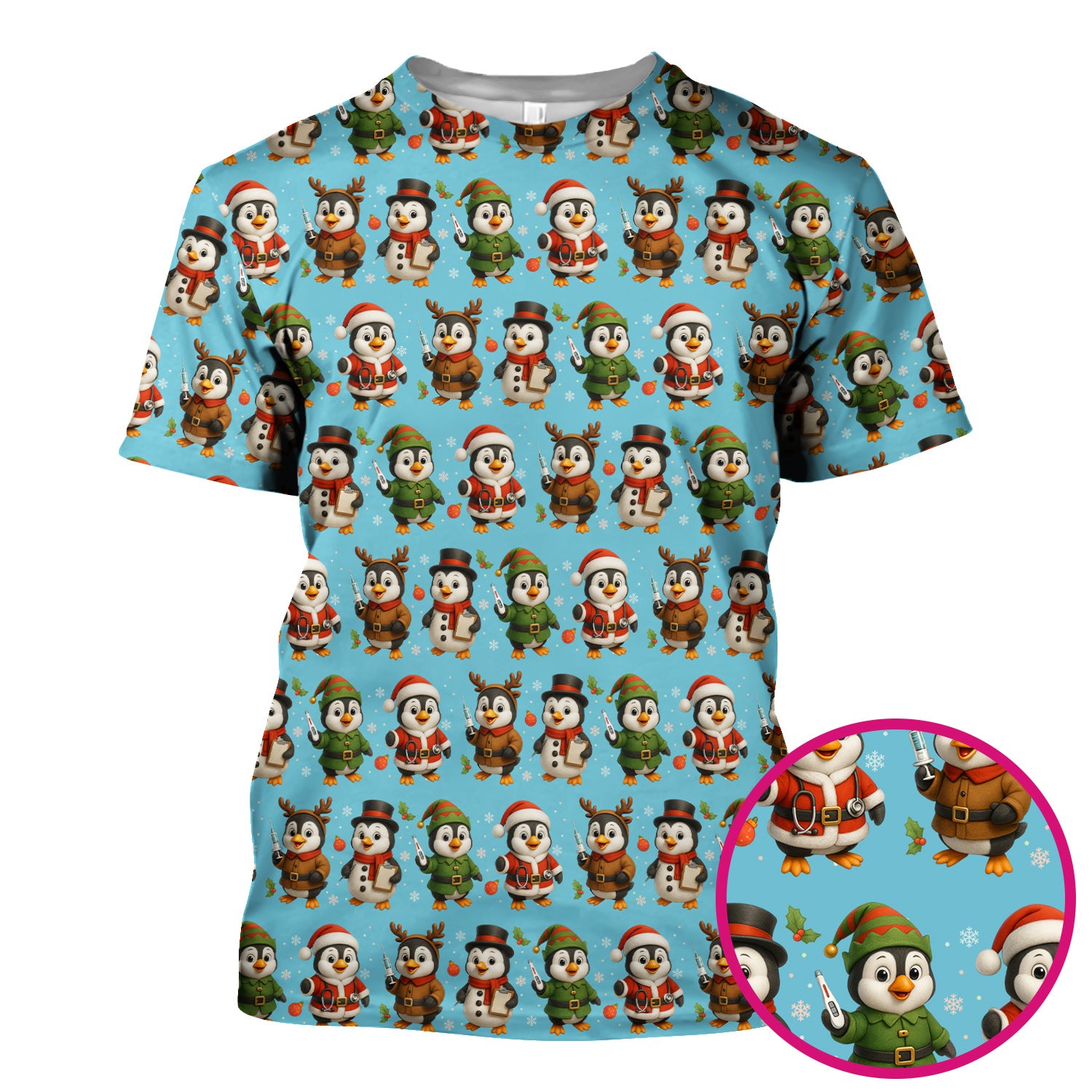 Christmas Scrubs for Women - Cute Penguin Pattern Scrub Top for Nurses - Holiday Penguin Christmas Scrubs Gift Idea