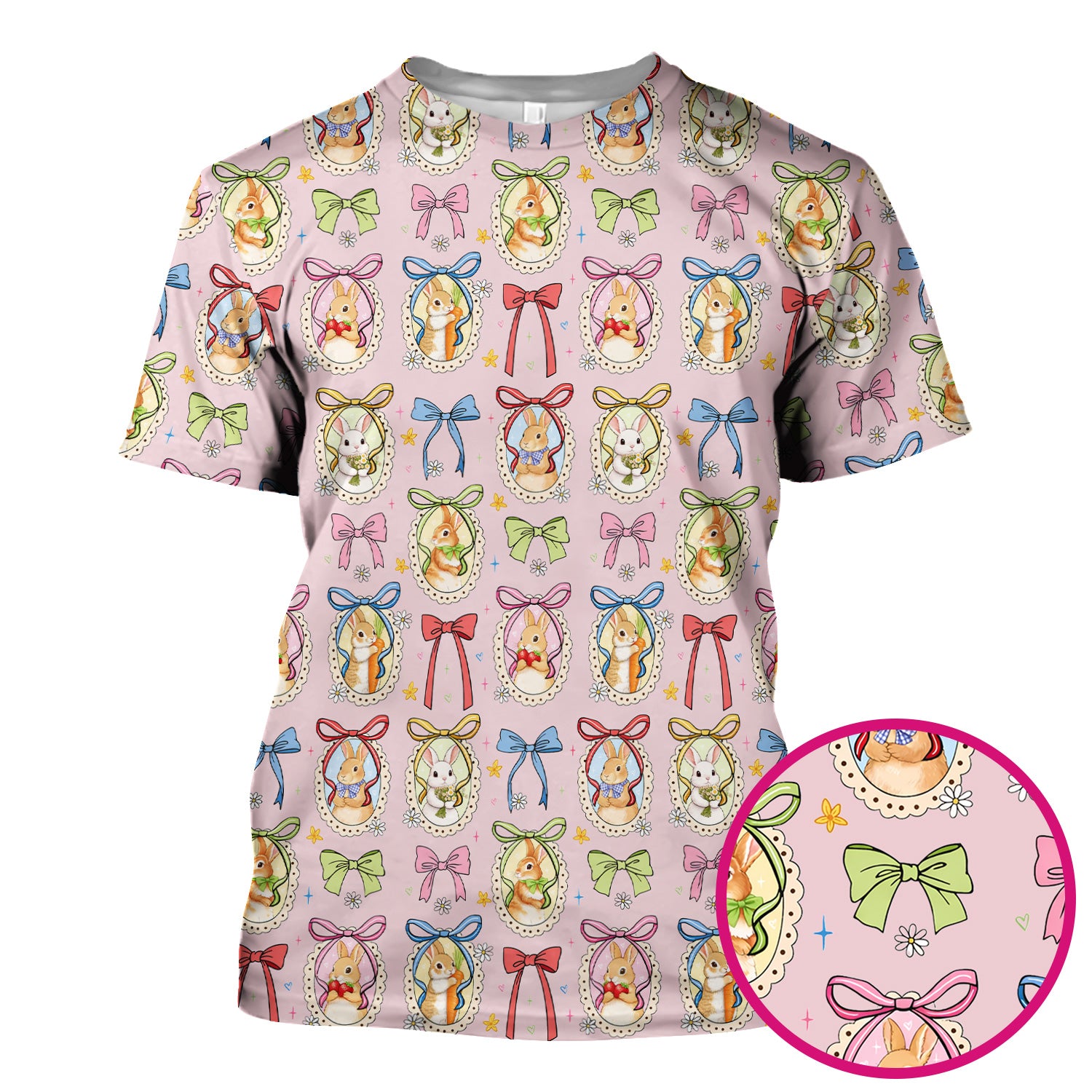 Cute Easter Bunny Cameo Colorful Bow Pattern Scrub Top, Breathable Fabrics Nursing Uniform