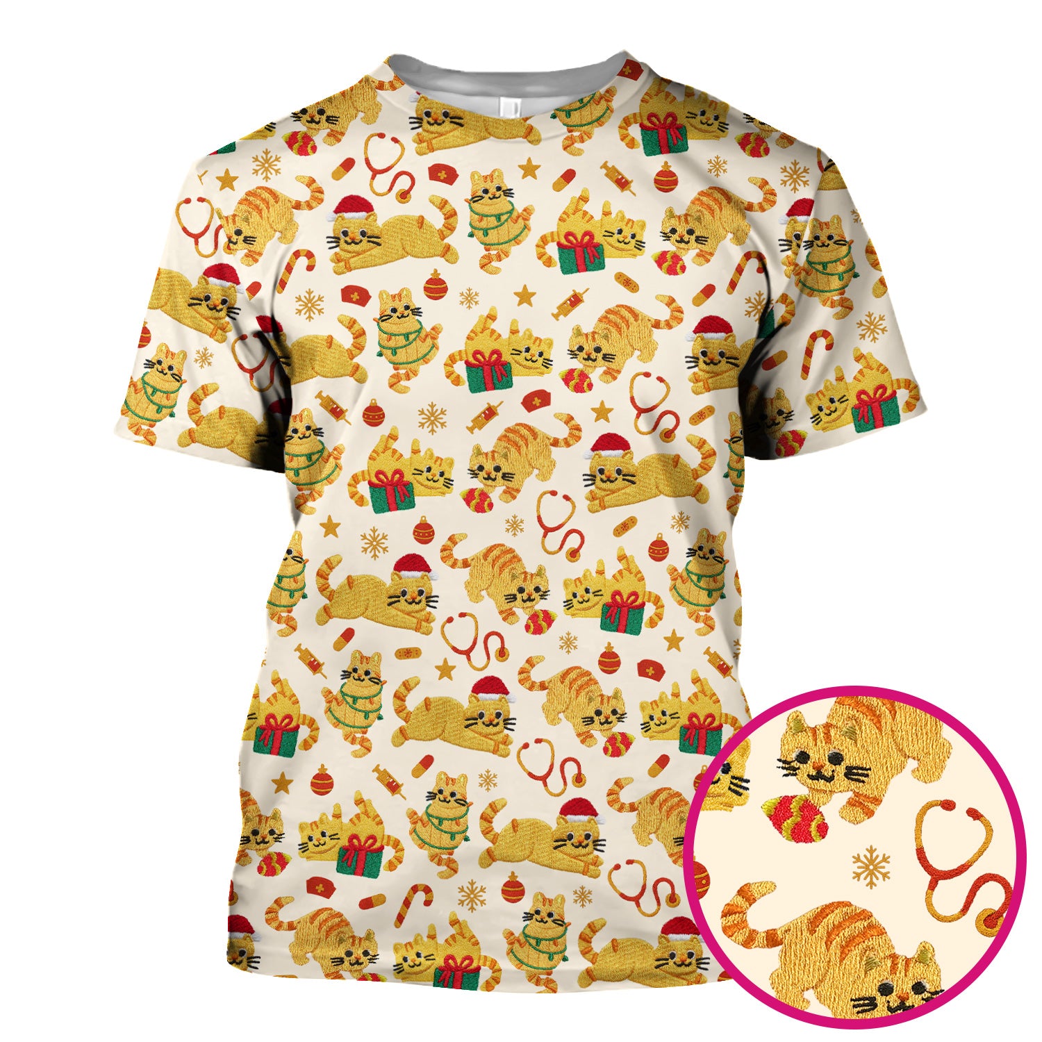 Christmas Cat Nurse Scrub Top, Cute Holiday Kitty Medical Uniform Shirt For Nursing