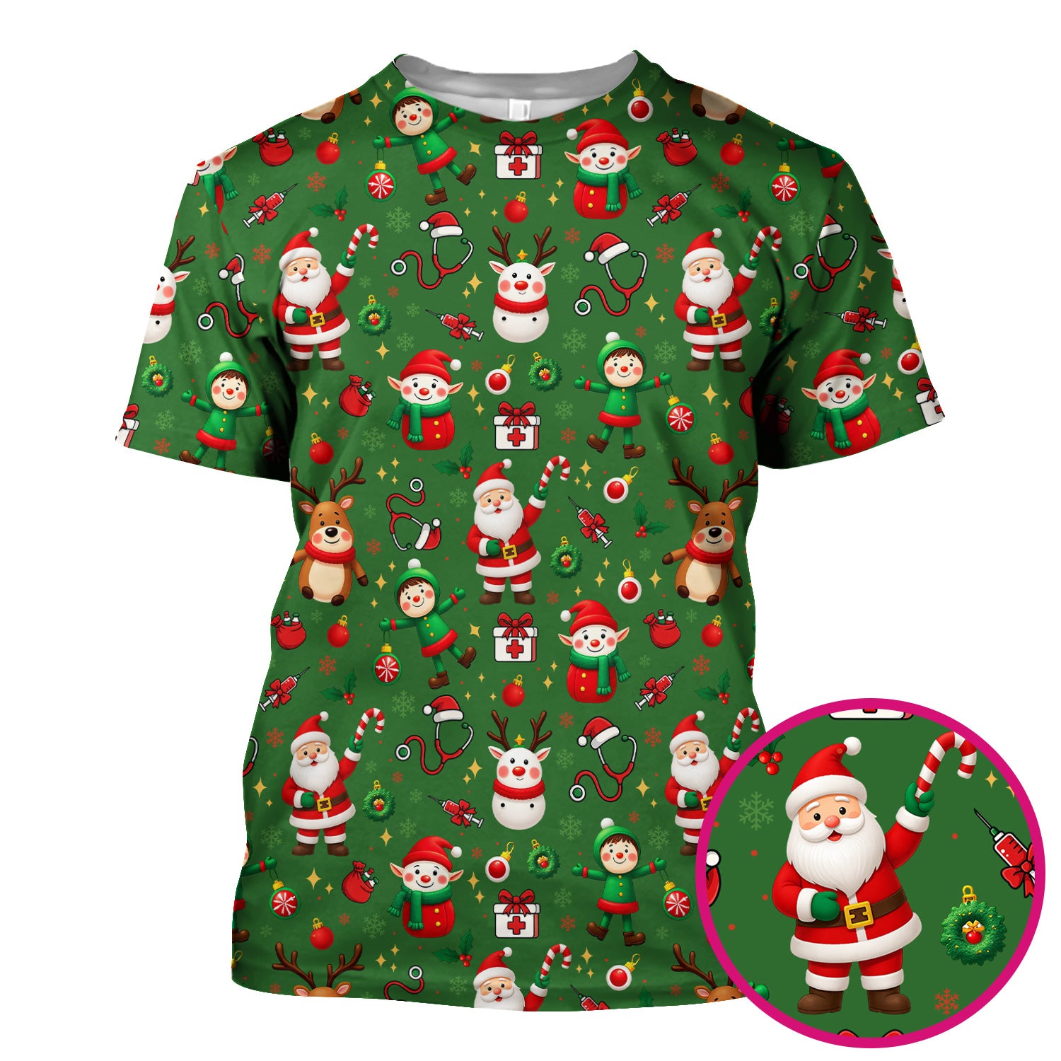 Santa Christmas Scrub Top - Cute Holiday Nurse Medical Shirt - Festive Reindeer Med Uniform for Women RN CNA LPN