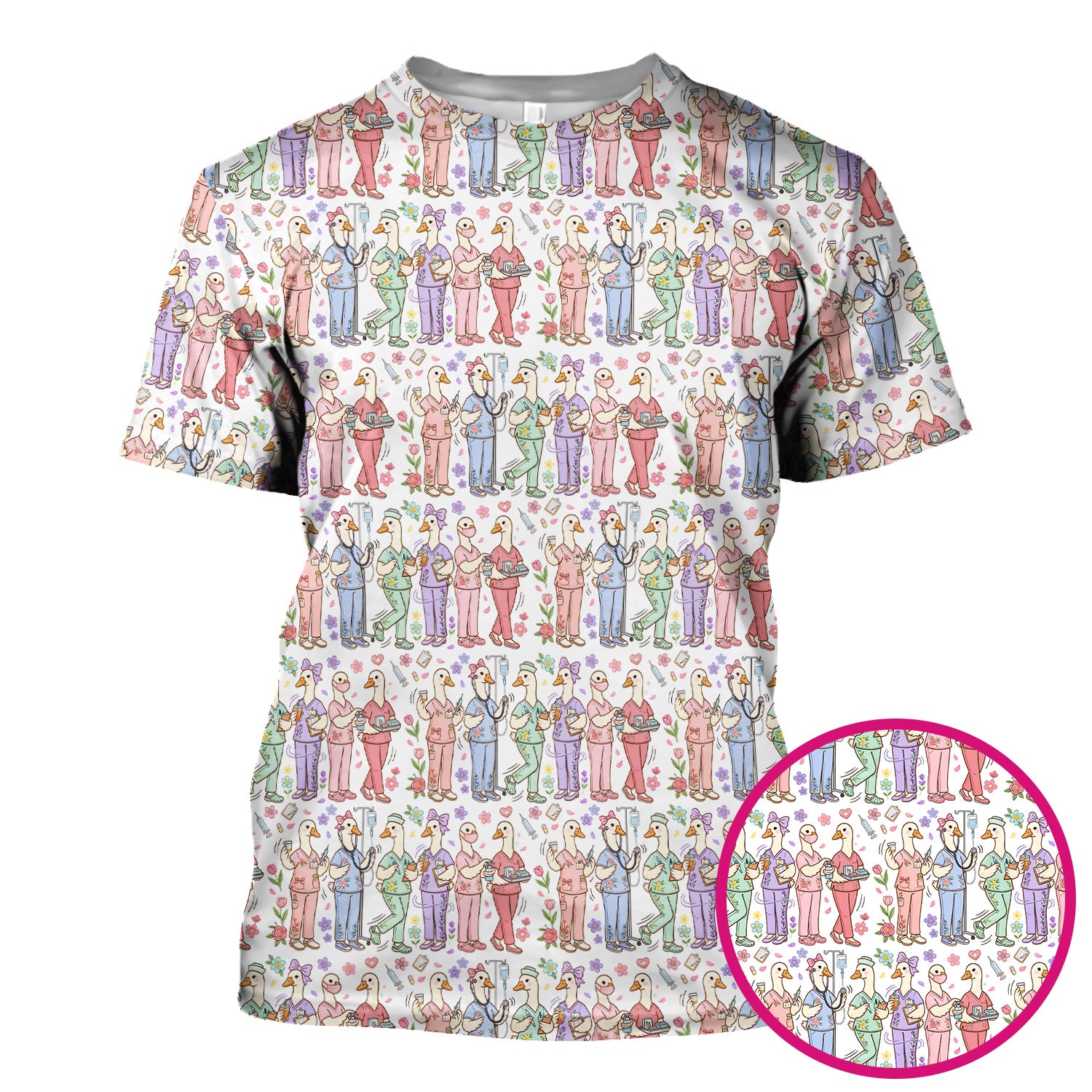 Goose Characters Floral Medical Team Uniform Pattern Scrub Top, Breathable Fabrics Nursing Uniform