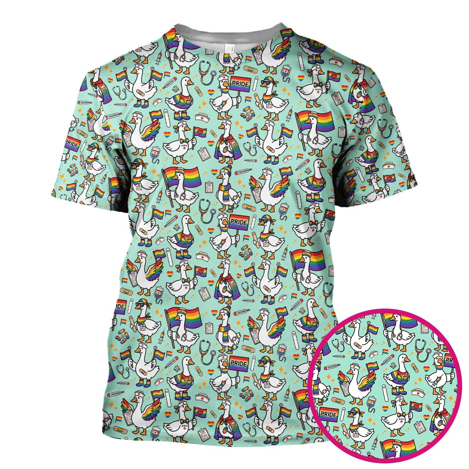 LGBT Pride Nurse Duck Pattern Scrub Top, Breathable Fabrics Nursing Uniform