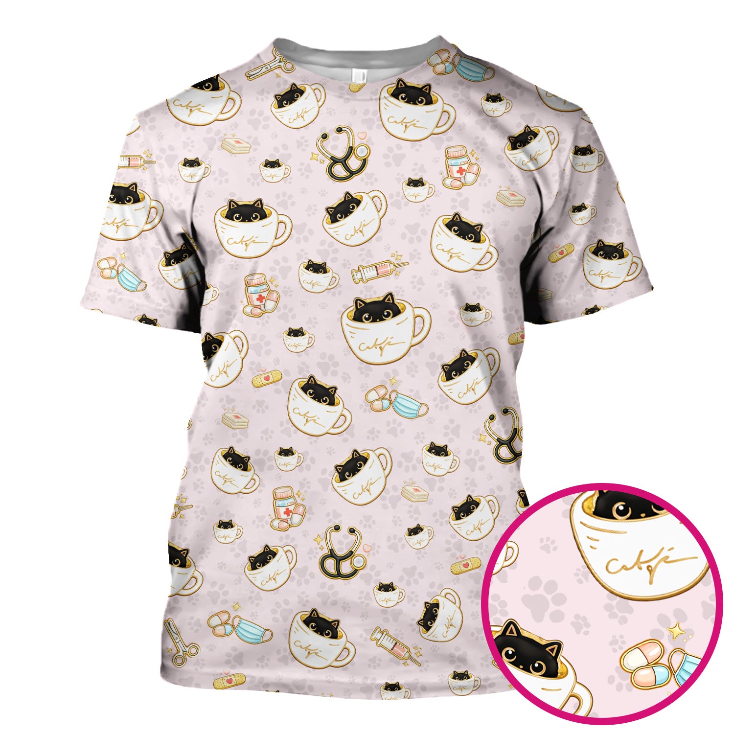 Cute Coffee Cat Medical Print Scrub Top, Breathable Fabrics Nursing Uniform