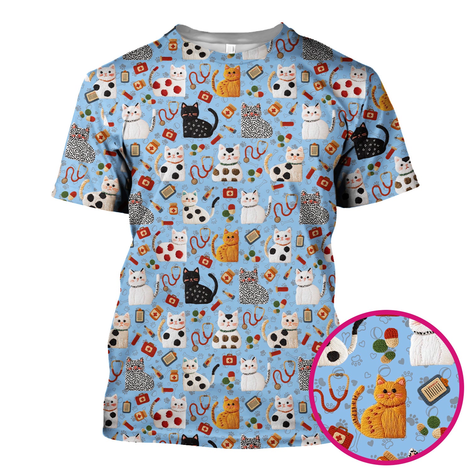 Cute Cat Scrub Top – Funny Veterinary Pattern Medical Shirt – Pet Lover Uniform For RN, LPN, CNA, and Vet Staff