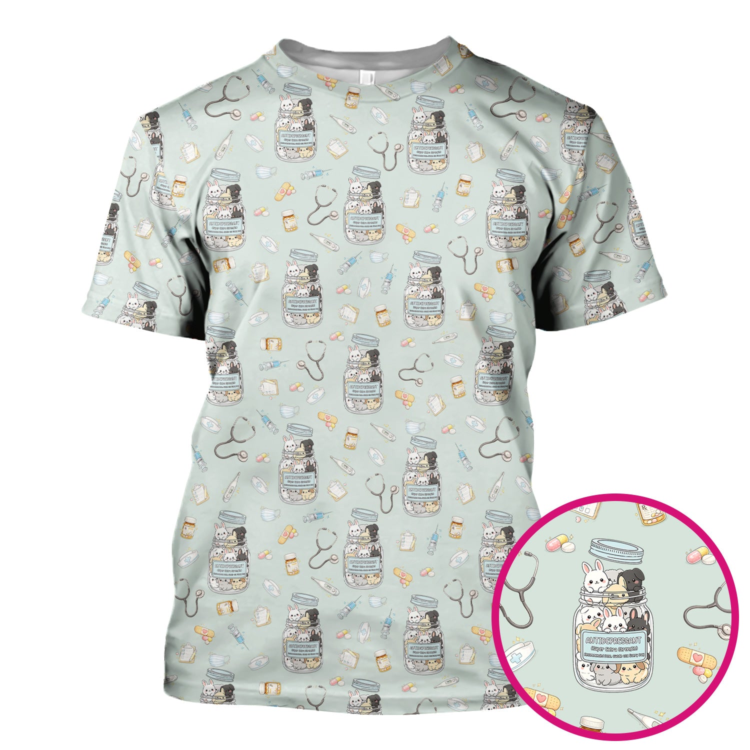 Whimsical Antidepressant Rabbit Jar Design Nurse Scrub Top, Soft & Breathable Workwear