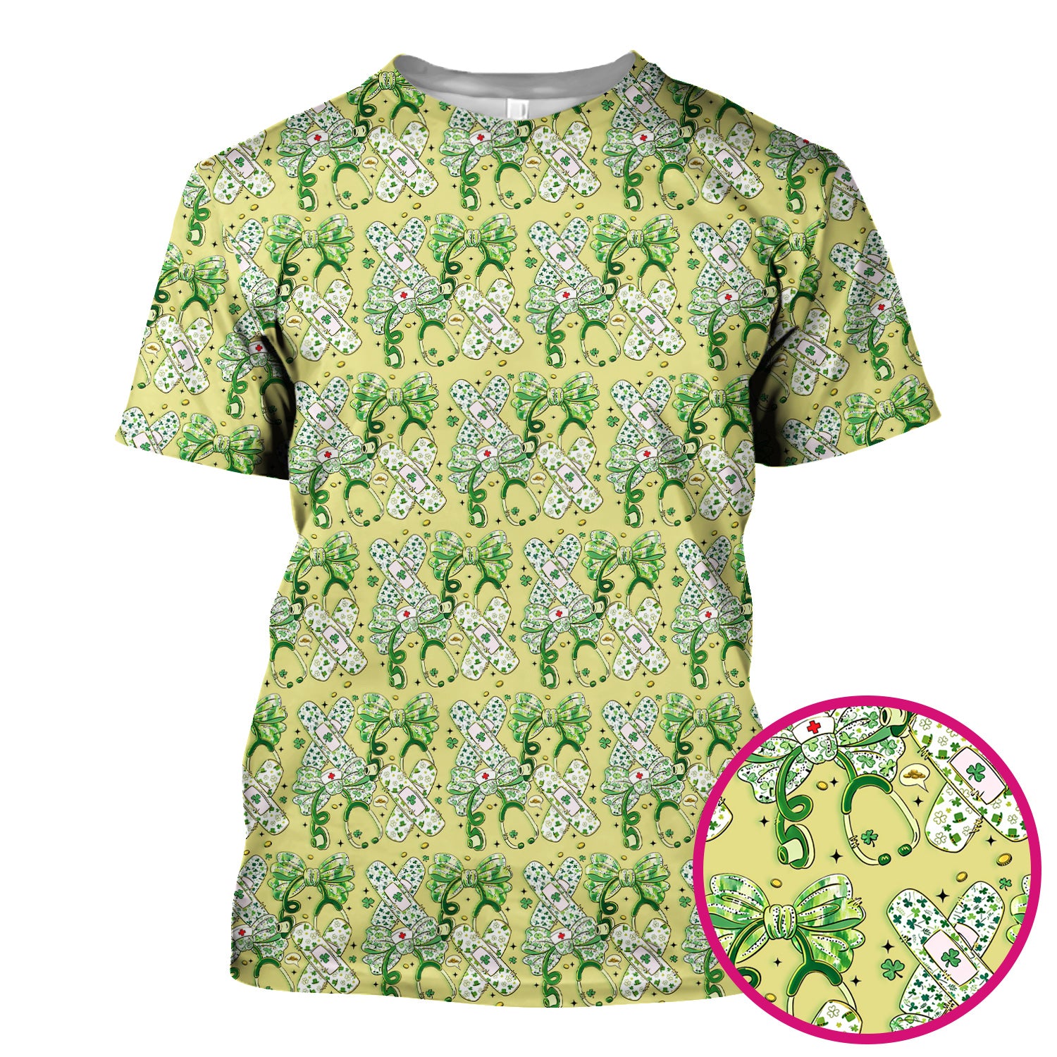 St Patrick Shamrock Stethoscope Bow Print Scrub Top, Breathable Fabrics Nursing Uniform