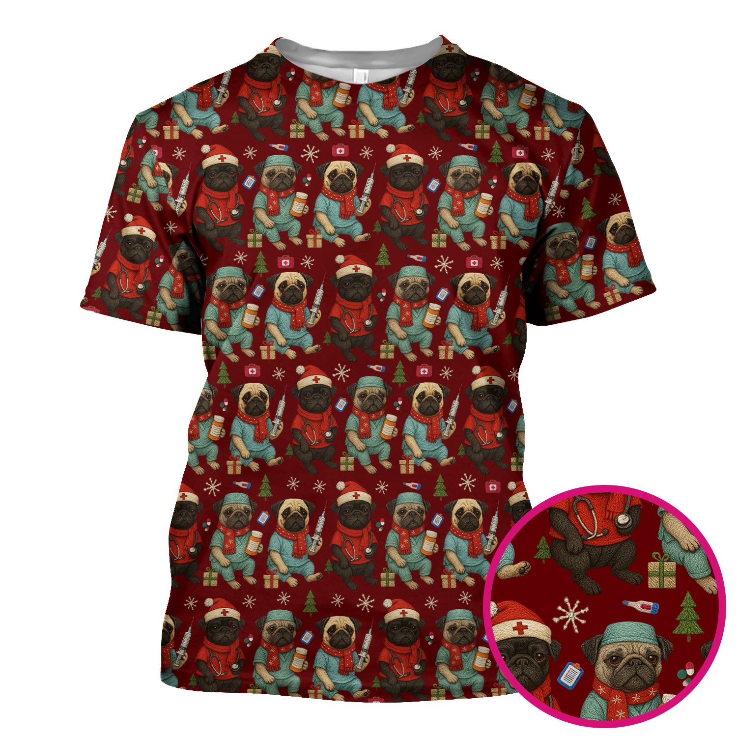 Christmas Pug Nurse Scrub Top, Cute Holiday Dog Medical Uniform Shirt For Nursing
