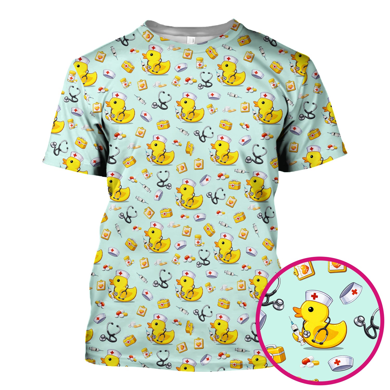 Playful Medical Duck Print Nurse Scrub Top, Comfortable Scrubs for Nurses