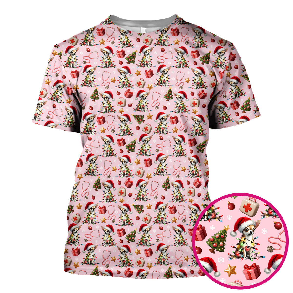 Funny Chihuahua Nurse Scrub Top, Christmas Dog Pattern Medical Shirt, Holiday Scrubs for RN, LPN, CNA, Vet Tech Gift