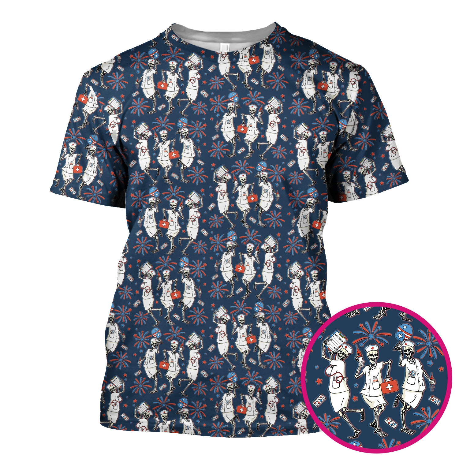 Funny Skeleton Nurse Patriotic Print Scrub Top, Halloween USA Fireworks Nursing Uniform for Women