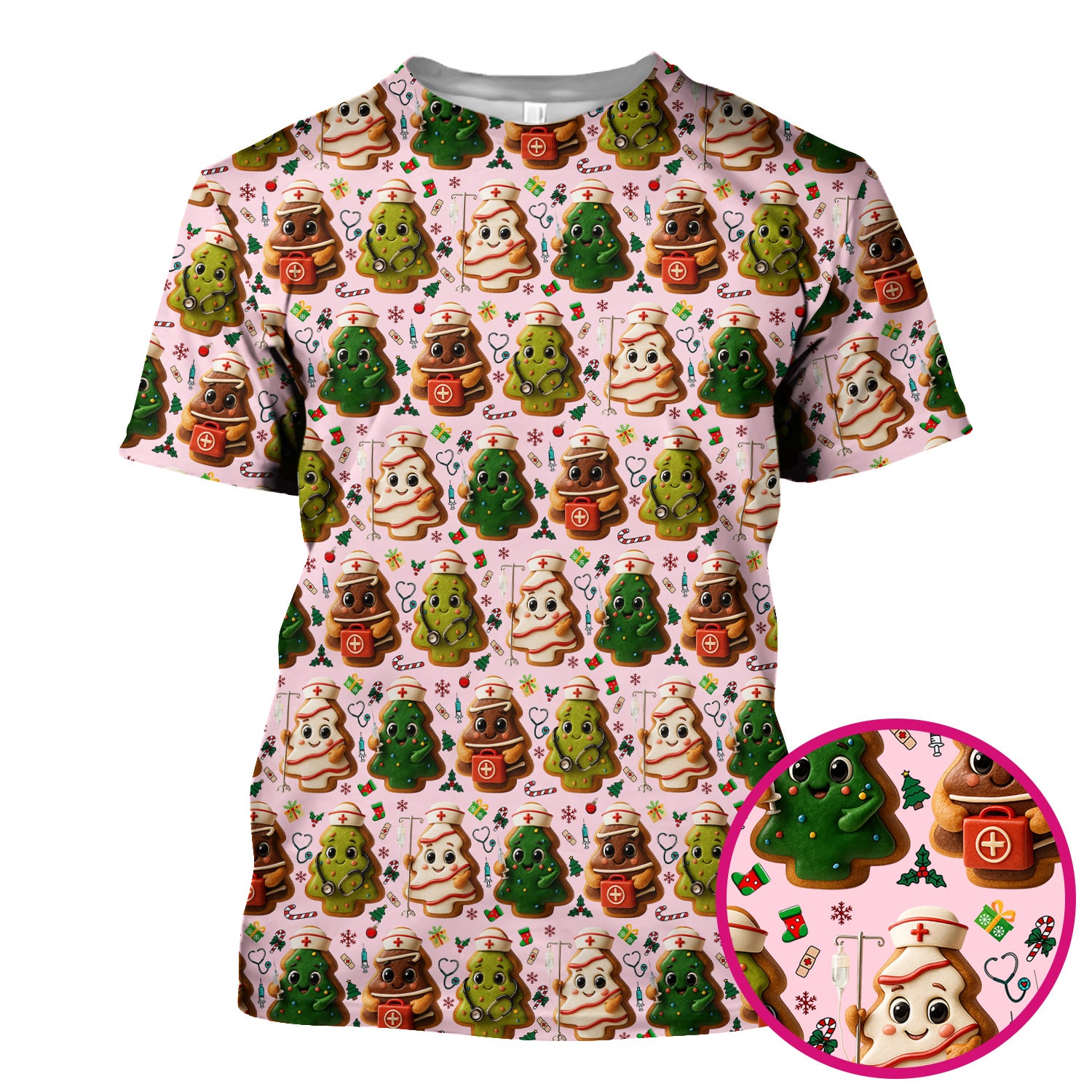 Christmas Cookie Scrub Top – Festive Nurse & Holiday Tree Pattern – Cute Medical Uniform for Nurses, Vets and Healthcare Workers
