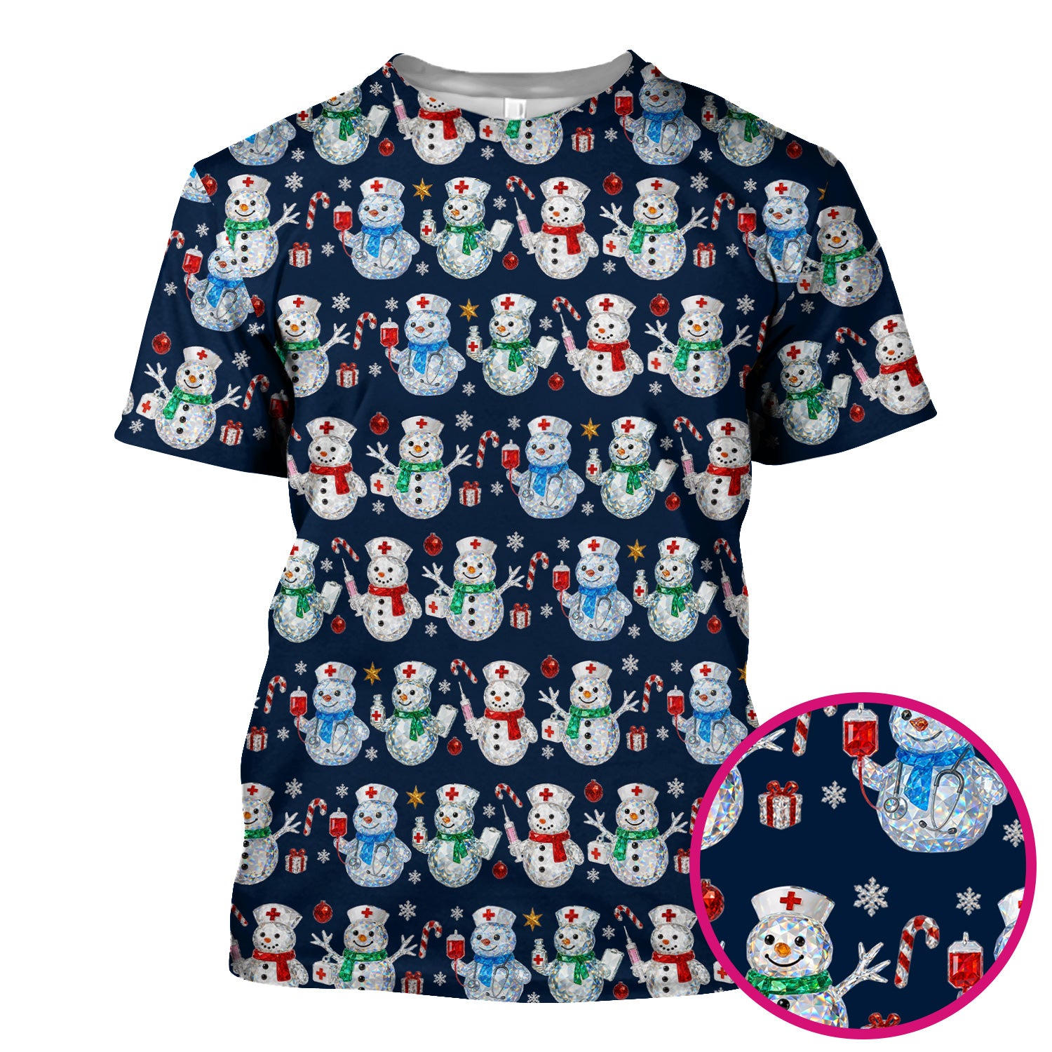 Nurse Snowman Christmas Scrub Top, Cute Holiday Medical Pattern Shirt For Women, Winter Snowflake Nursing Uniform