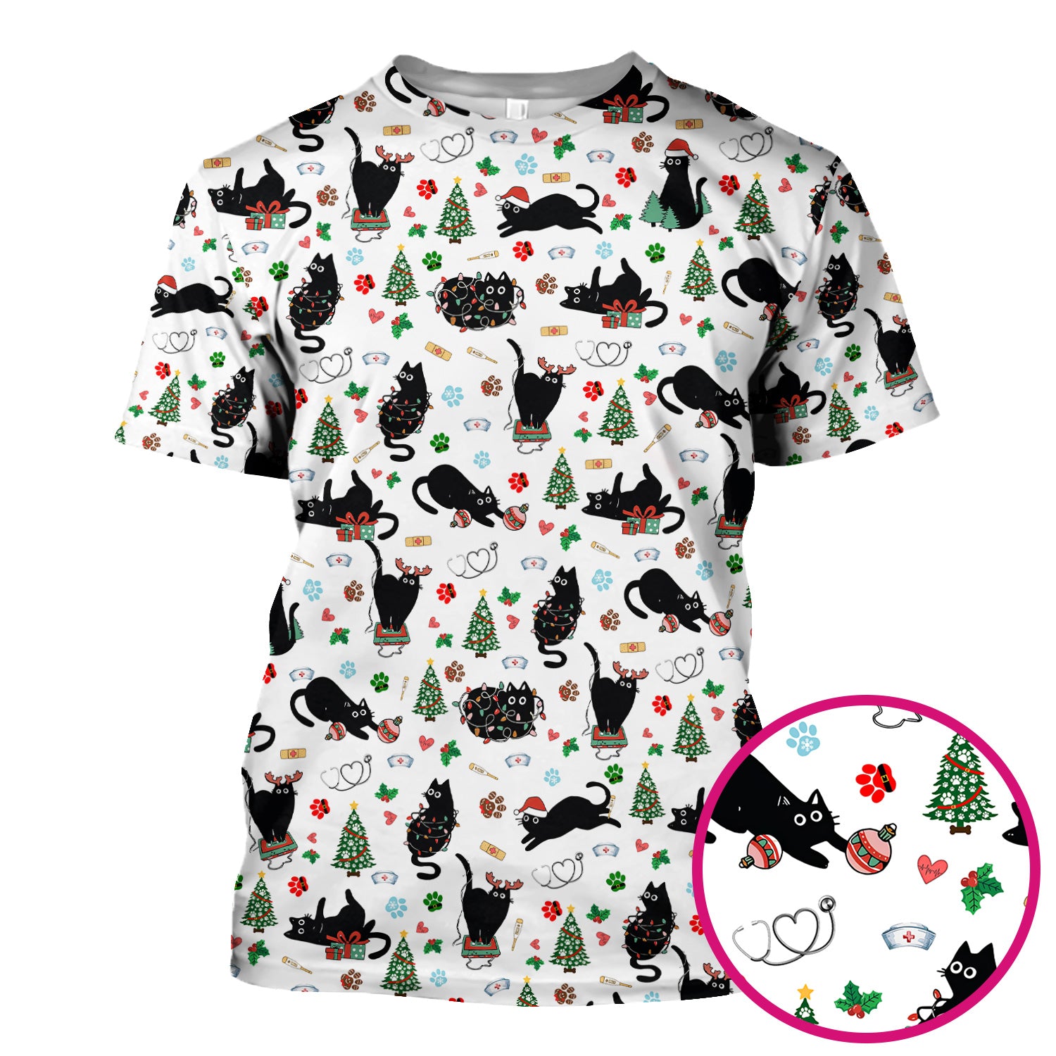 Black Cat Christmas Nurse Scrub Top, Festive Kitty Medical Uniform Shirt for Women