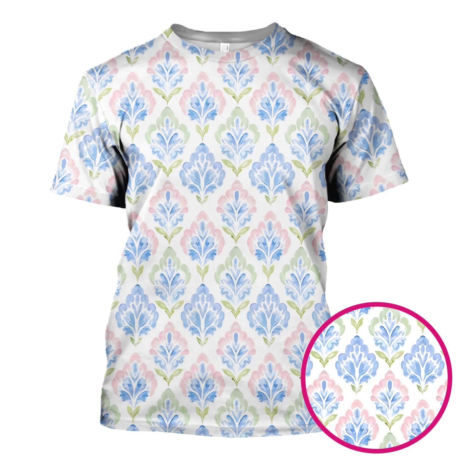 Blue Floral Damask Pattern Scrub Top, Breathable Fabrics Nursing Uniform