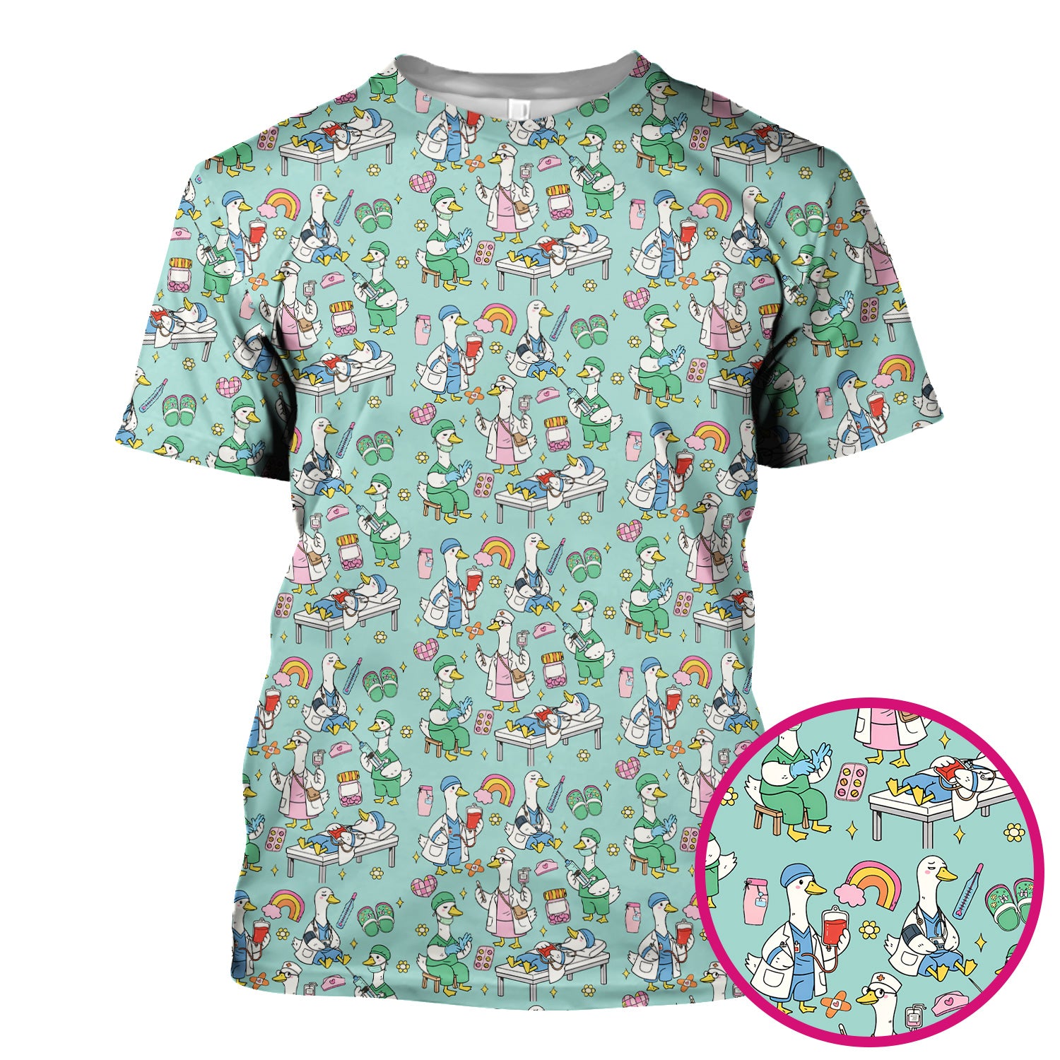 Funny Nurse Duck Medical Doodle Pattern Scrub Top, Comfortable Nurse Workwear Top