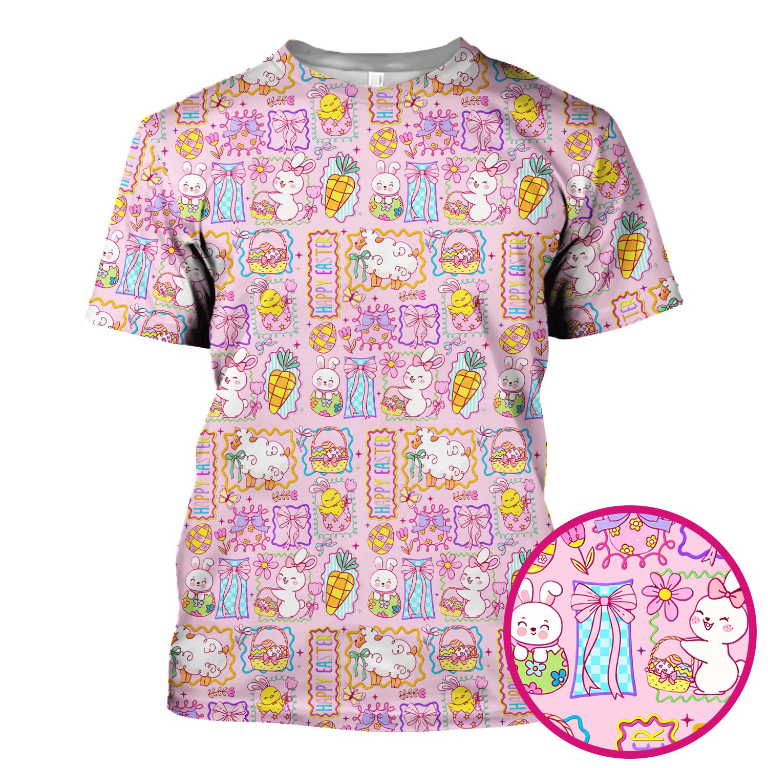 Cute Easter Bunny Egg and Bow Print Scrub Top, Breathable Fabrics Nursing Uniform