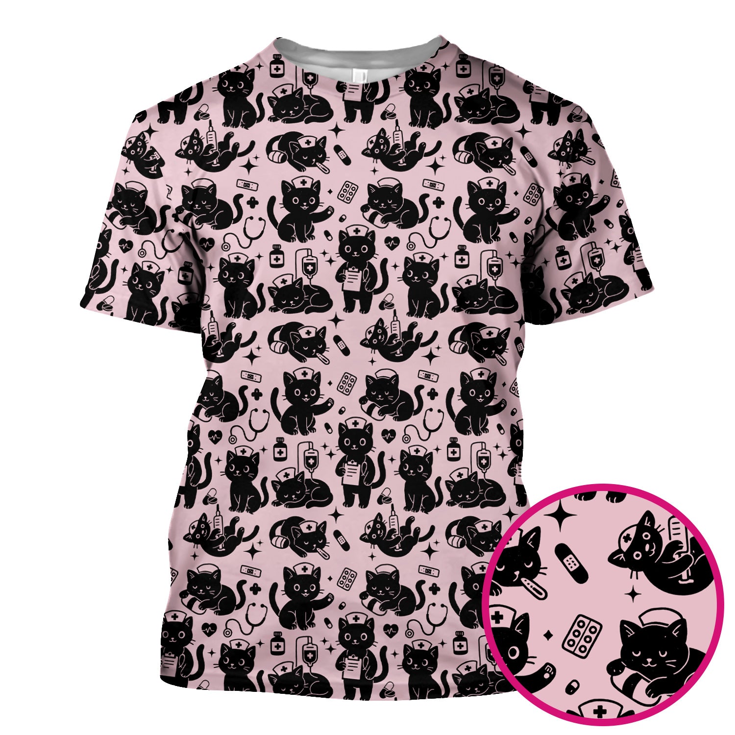 Cute Black Cat Nurse Pattern Scrub Top, Breathable Fabrics Nursing Uniform