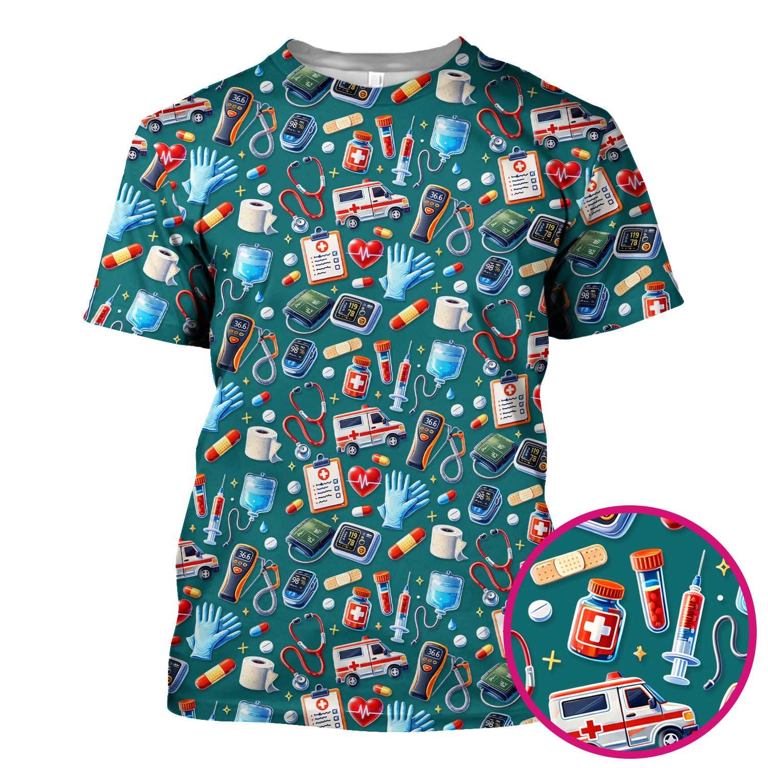 Medical Tools Pattern Ambulance Stethoscope Scrub Top, Comfortable Scrubs for Nurses