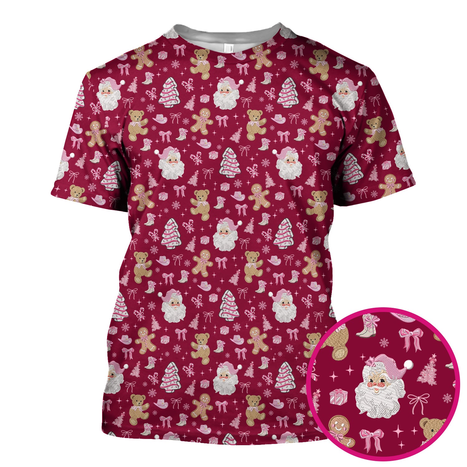 Pink Christmas Santa Gingerbread Scrub Top, Cute Holiday Medical Pattern Shirt, Breathable Fabrics Nursing Uniform