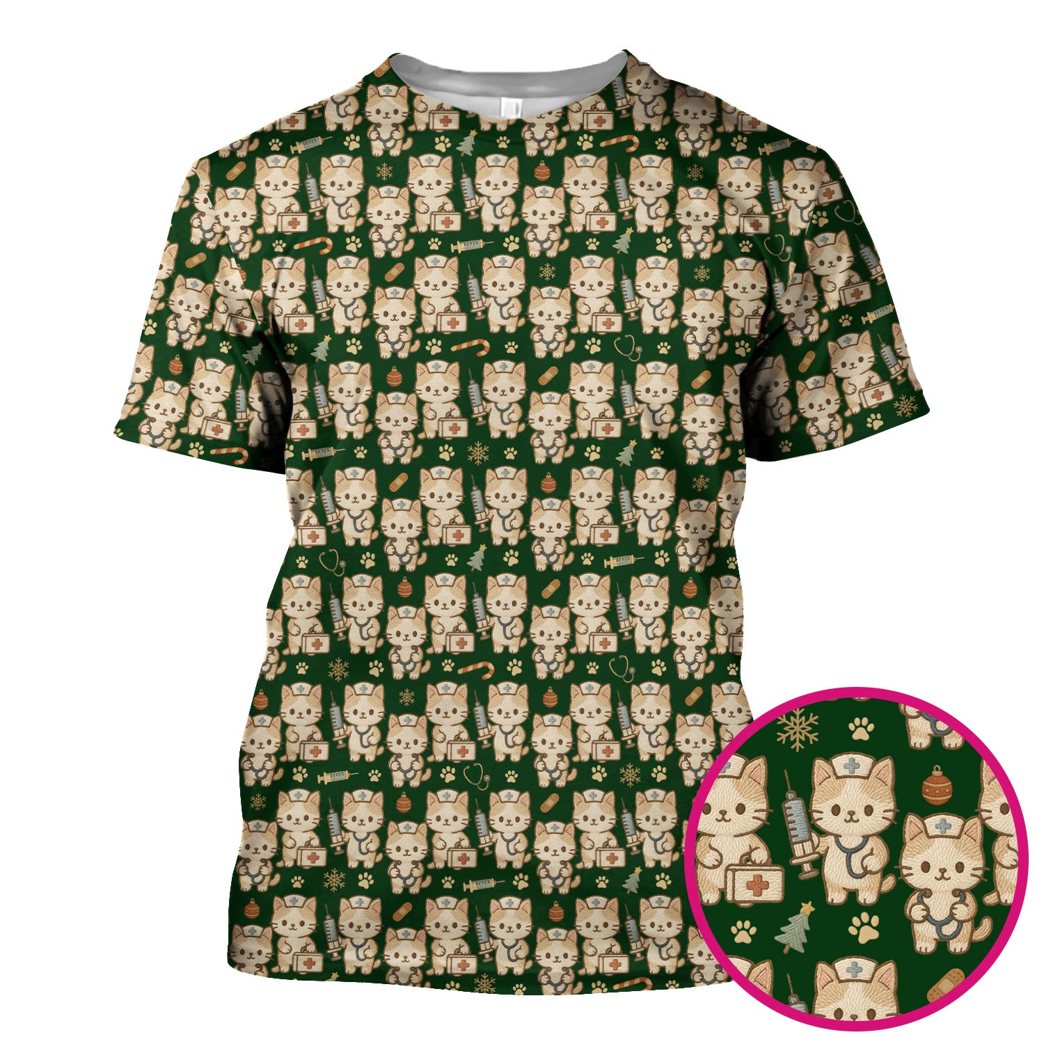 Cute Cat Nurse Christmas Scrub Top, Kawaii Kitty Medical Pattern Shirt, Breathable Fabrics Nursing Uniform