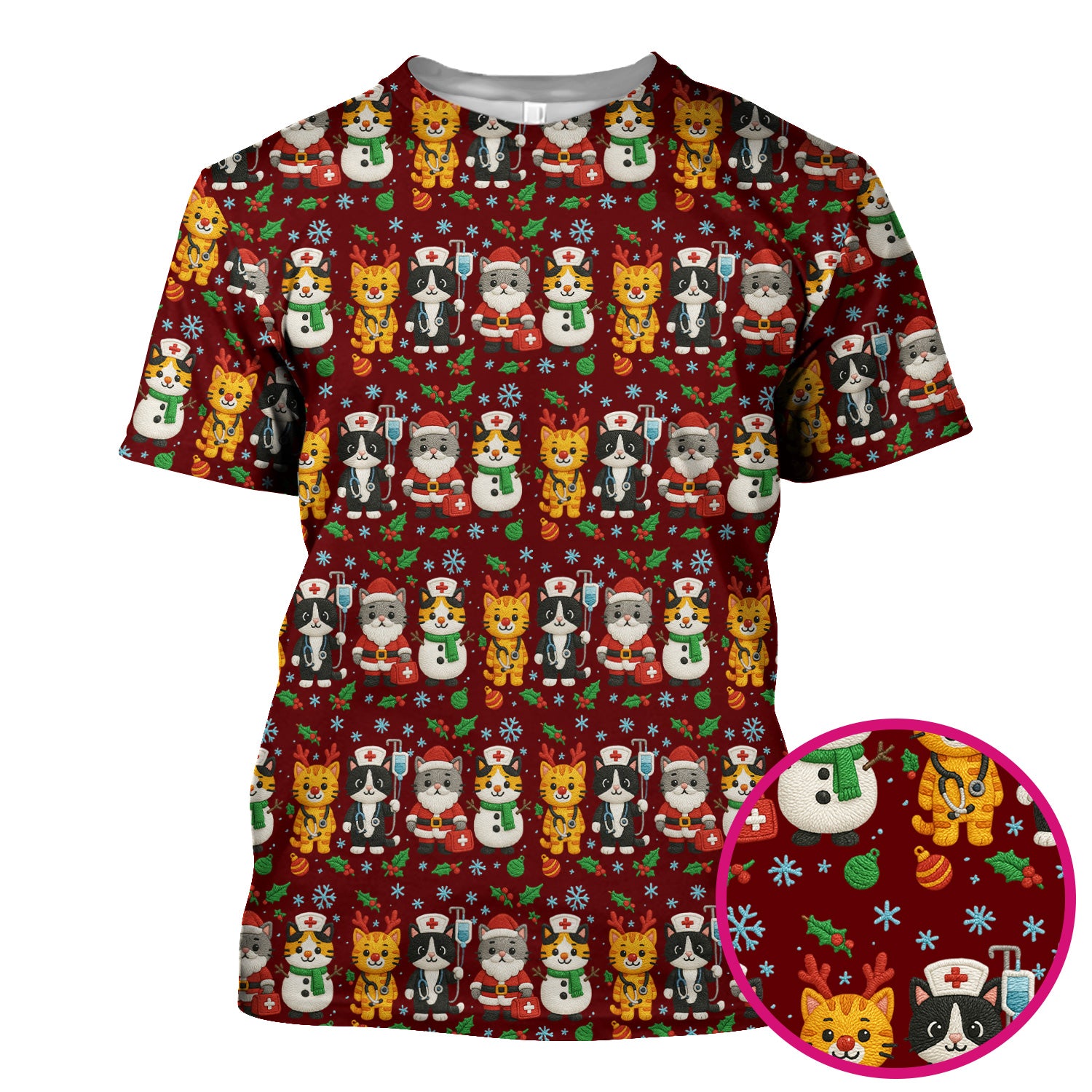 Christmas Cat Nurse Pattern Scrub Top, Cute Holiday Kitty Medical Uniform Shirt For Nursing