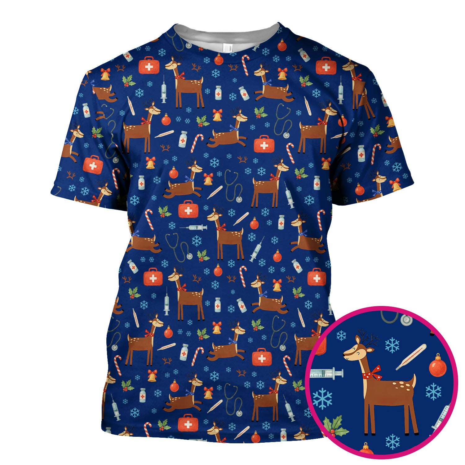 Christmas Reindeer Scrub Top for Nurses - Cute Reindeers Snowflakes Candy Canes Shirt - Comfortable Med Uniform