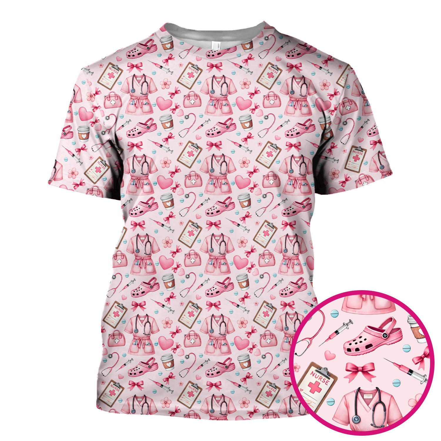 Valentine Pink Nurse Icons Print Scrub Top, Comfortable Scrubs for Nurses