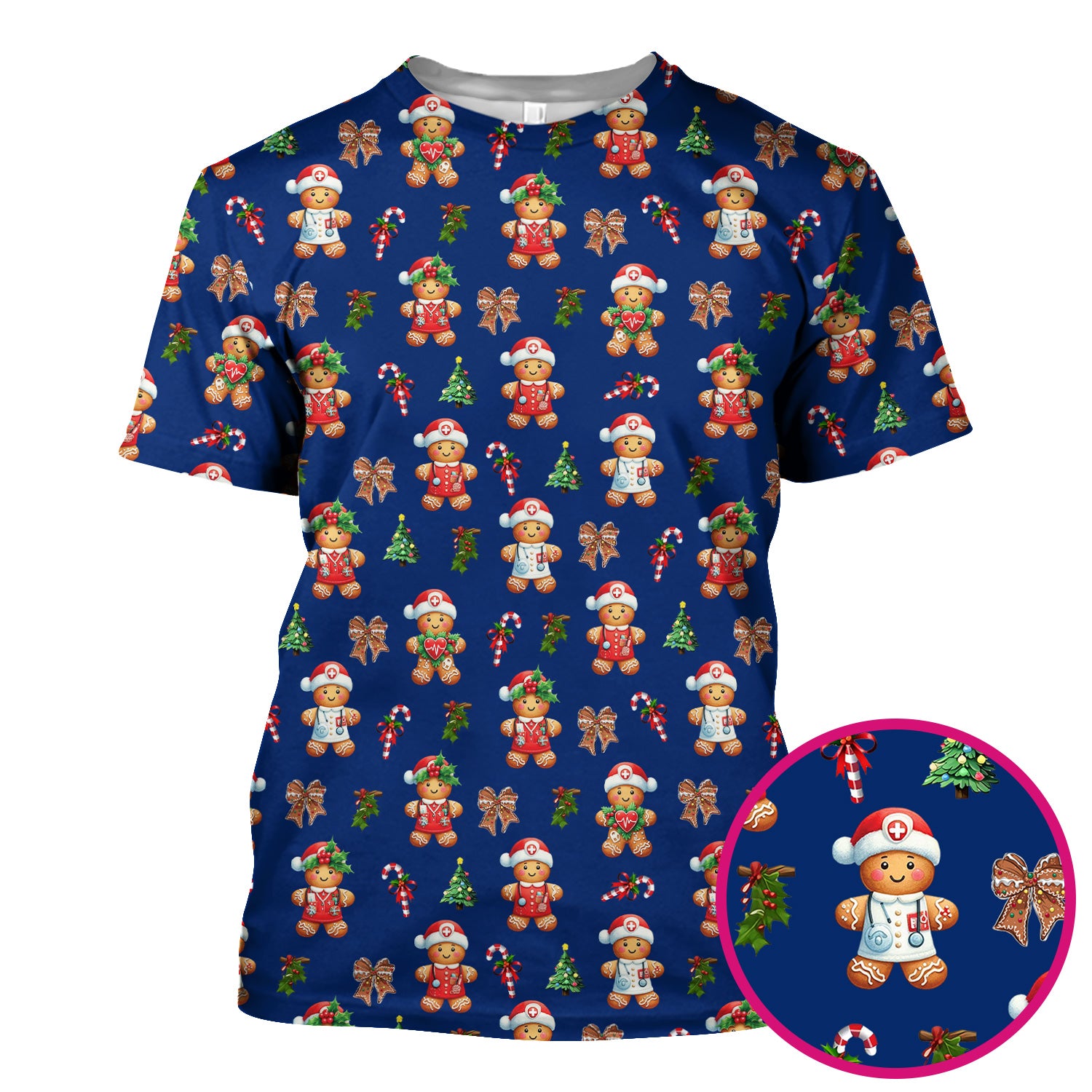 Funny Christmas Scrub Top for Nurse - Adorable Gingerbread Candy Cane Bow- Festive Medical Uniform for Women