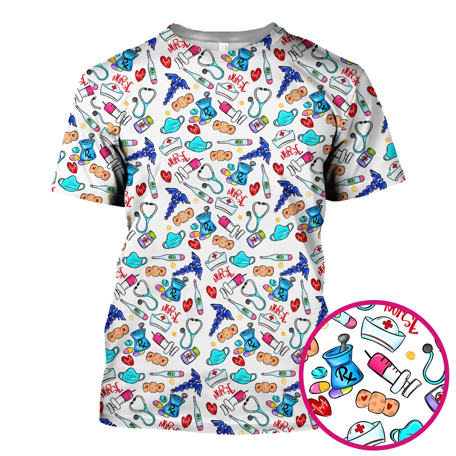 Nurse Medical Icons Stethoscope Heart Pattern Scrub Top, Comfortable Scrubs for Nurses