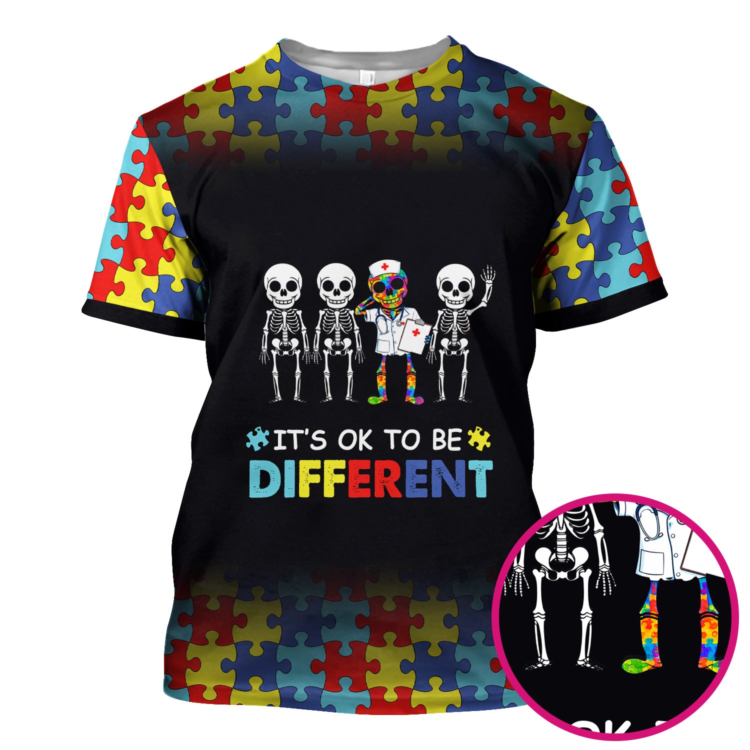 Autism Puzzle Skeleton Nurse It's OK to Be Different Scrub Top, Comfortable Scrubs for Nurses