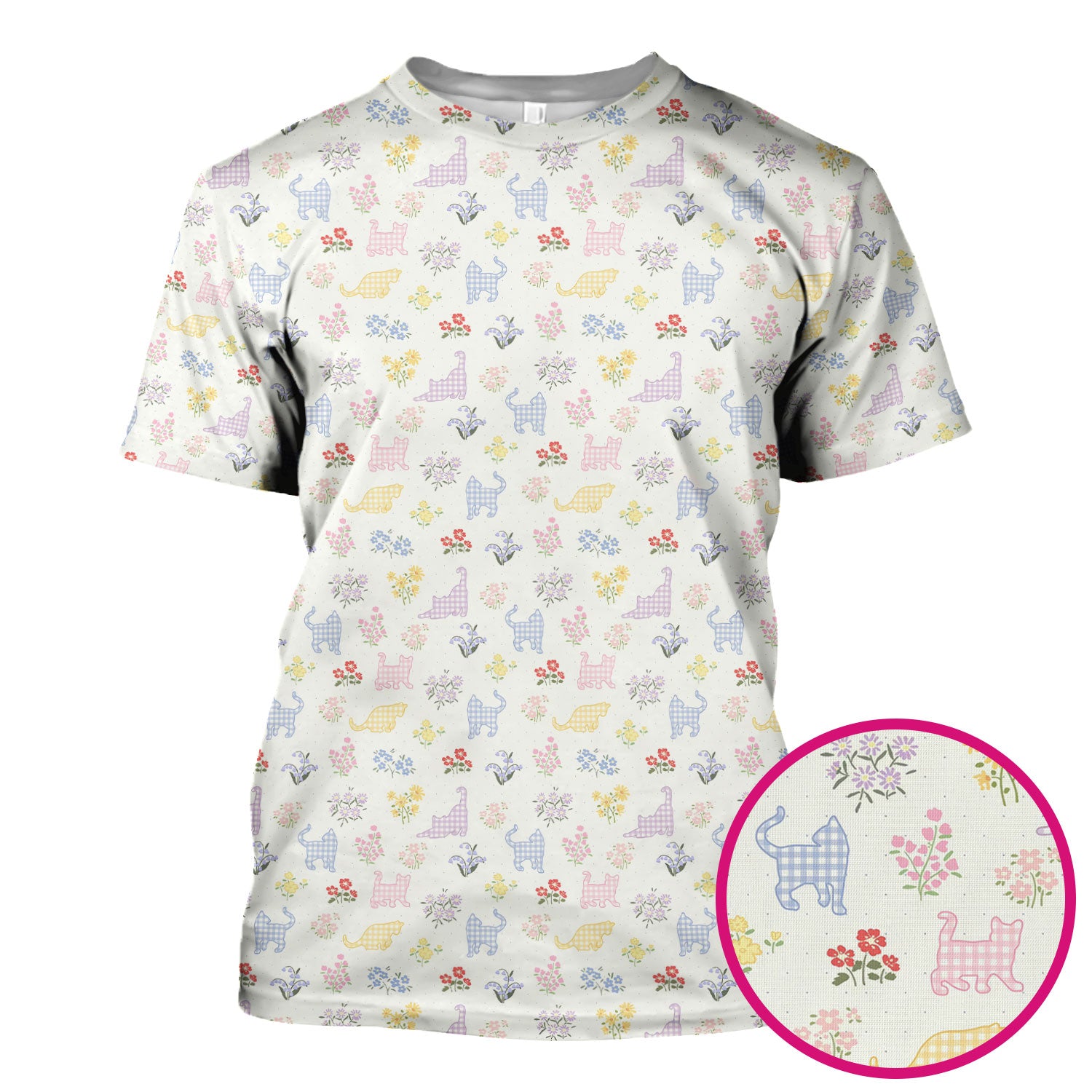 Pastel Cat Floral Nurse Scrub Top, Cute Cat Medical Pattern Shirt, Breathable Fabrics Nursing Uniform