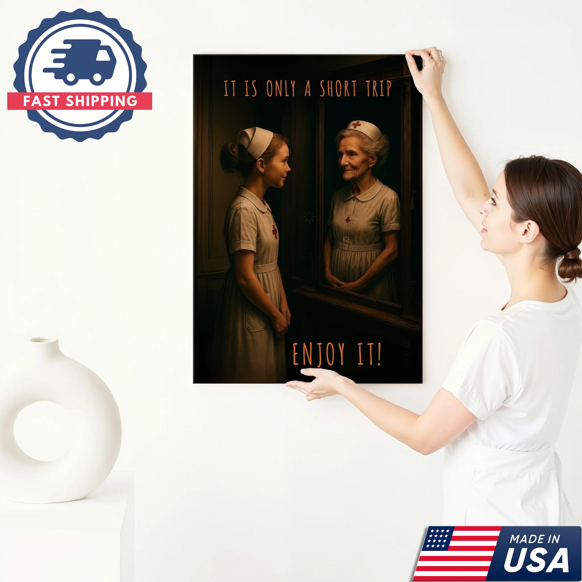 Vintage Young and Old Nurse Canvas, It Is Only A Short Trip Enjoy It, RN LPN CNA Gift
