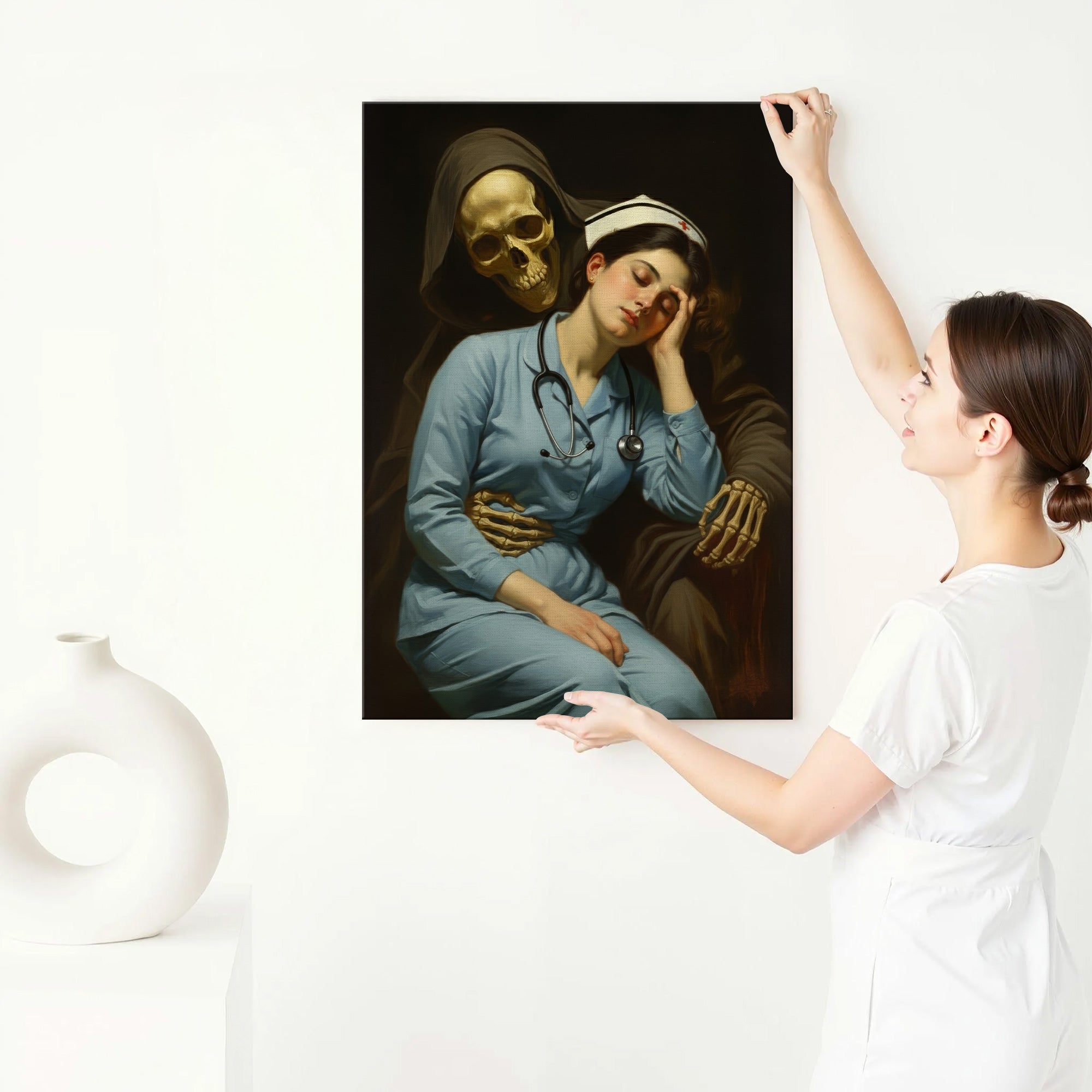 Funny Gothic Nurse and Grim Reaper Canvas, Dark Humor Classic Art Style Wall Decor, RN LPN CNA Gift