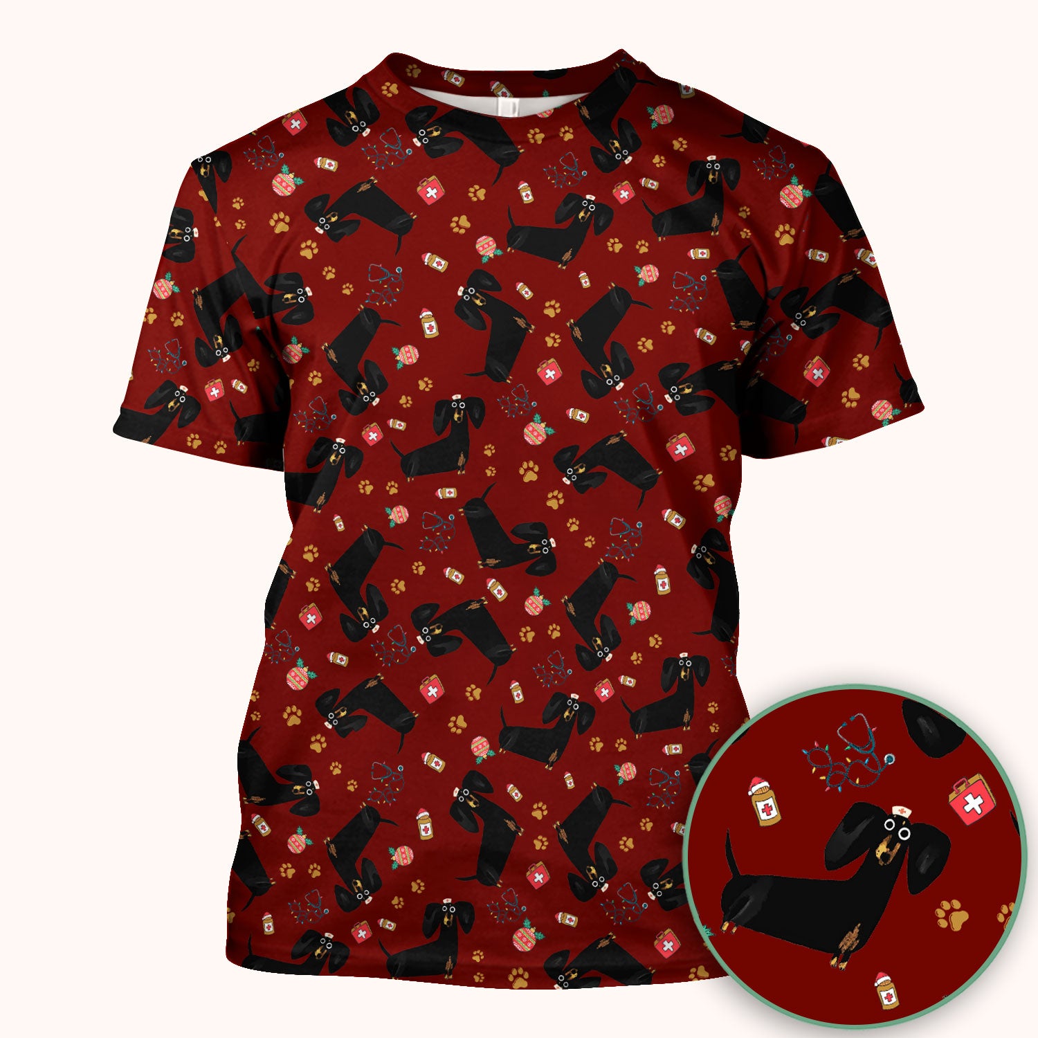 Funny Wiener Dog Scrub Top for Nurses - Cute Black Dachshund Medical Shirt - Dog Lover Nursing Uniform Gift for Women