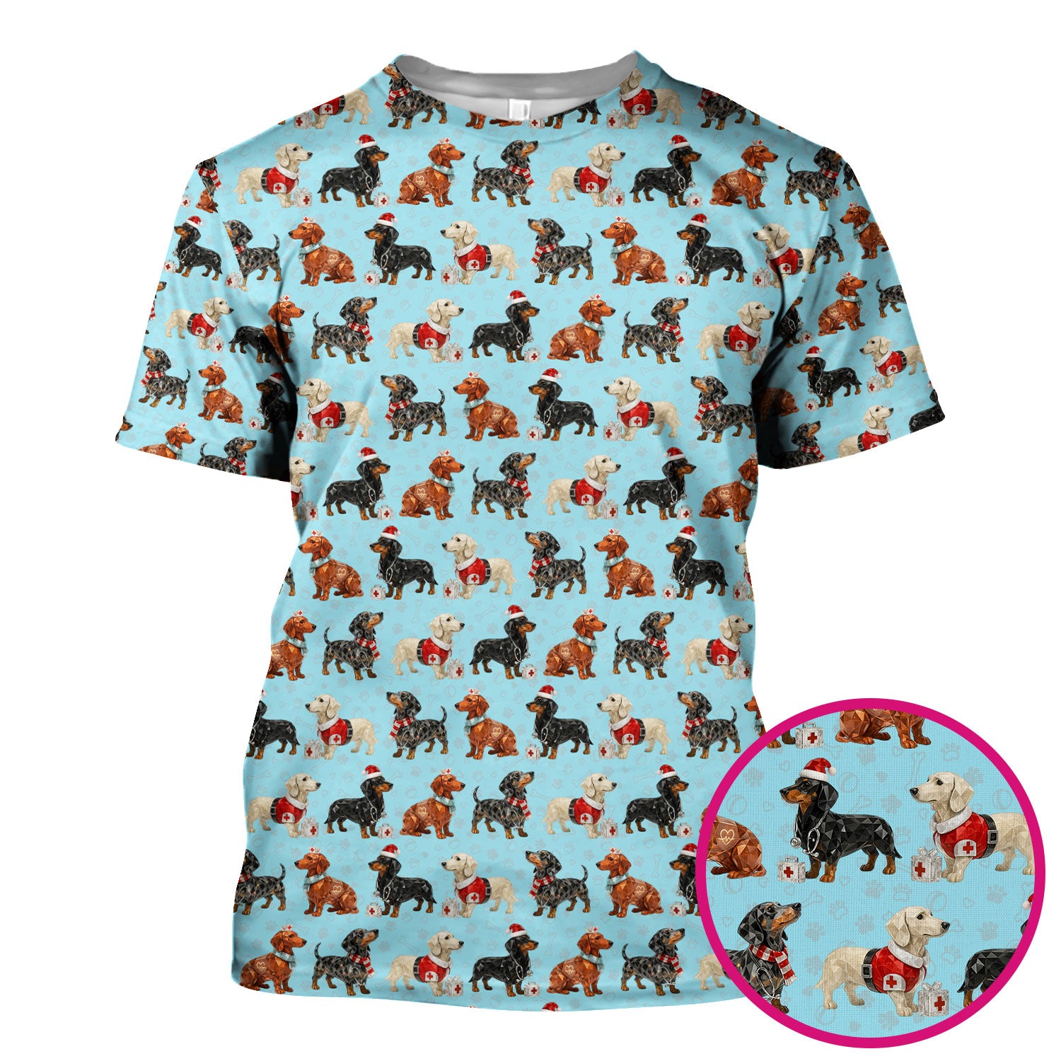 Funny Dachshund Christmas Dog Nurse Scrub Top, Holiday Puppy Medical Uniform Shirt For Nursing