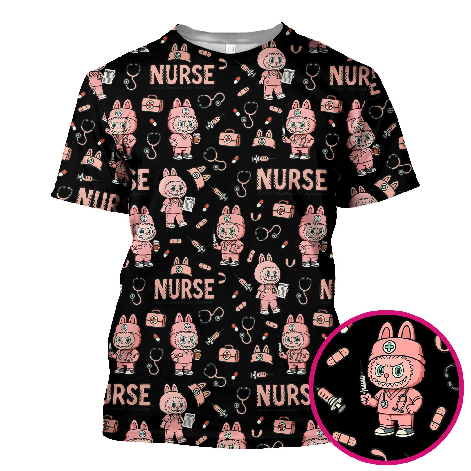 Bunny Cartoon Nurse Scrub Shirt  Cute Medical Top for Women CNA RN Doctor - Fun Scrubs Gift Idea for Nurses, Students, Holiday Season